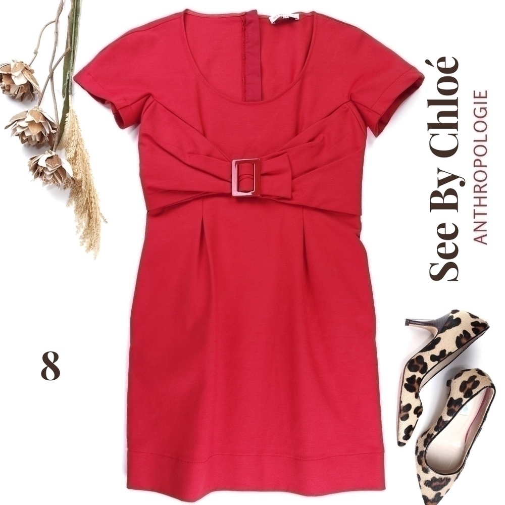 See By Chloe Anthropologie Thick Red Pleated Stretch Scoop Neck Dress Sz… - Picture 1 of 14